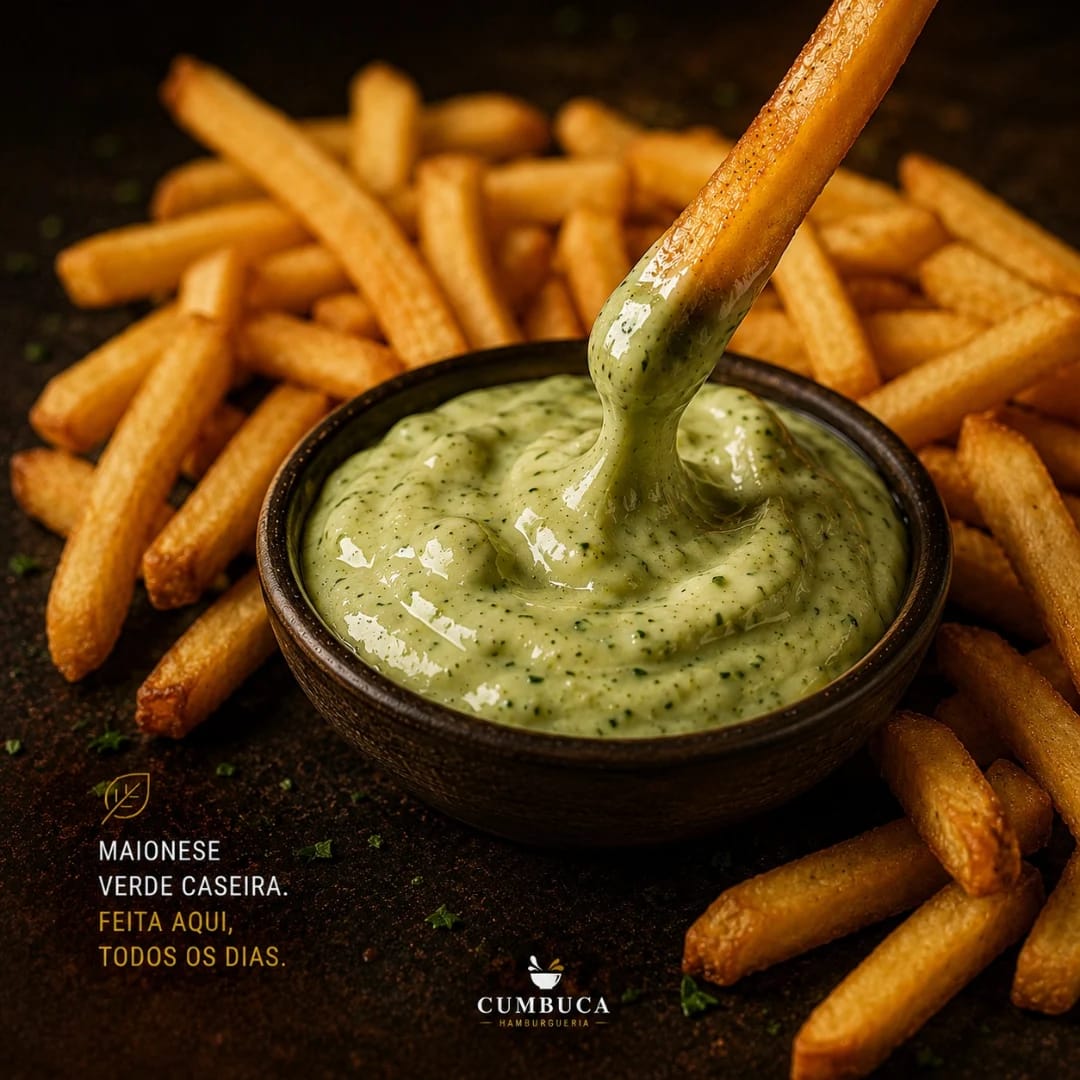 Maionese verde caseira do Cumbuca com batatas fritas